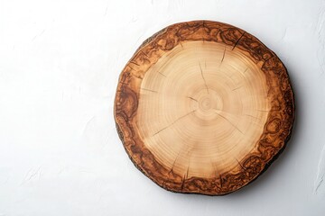 Fototapeta premium A circular, light brown wooden cutting board rests atop a textured, off-white surface, showcasing natural wood grain patterns and textures.