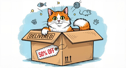 Cat in delivery box offering discounts, perfect gift, or special promotion. Happy cat in delivery box is drawn with discount tag, suggesting a special offer.
