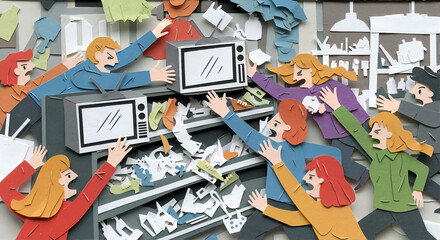 Chaotic retail scene depicting a cut paper collage of shoppers grabbing discounted items. Shoppers grabbing deals shows intense competition and holiday shopping frenzy.