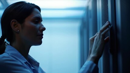 Female technician dressed in a white lab coat checks data server equipment in a technology center, with her hand on the cabinet, appearing focused while monitoring the infrastructure. - Powered by Adobe