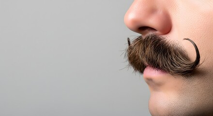 Classic styled thick handlebar mustache on male face, vintage facial hair grooming style with curled tips, close-up side profile isolated on neutral background for men’s grooming concept