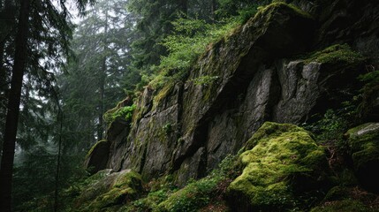 Obraz premium Misty forest rock face