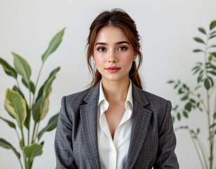 A woman dressed in a professional gray blazer over a white shirt, presenting a polished and confident appearance, The lighting is bright and even