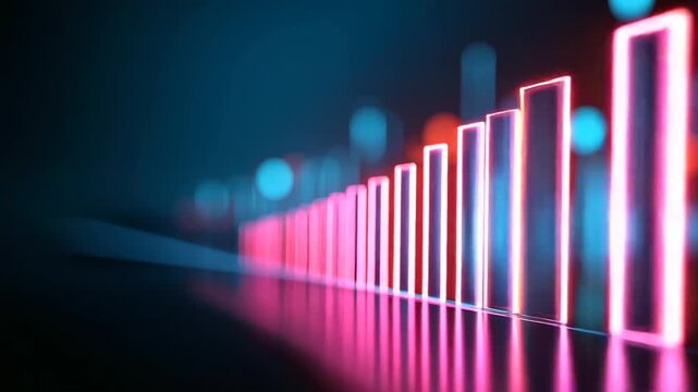 A glowing financial banner stretches wide with rising percentage bars and luminous metrics. Neon colors reflect off sleek glass surfaces atmosphere of growth clarity and digital