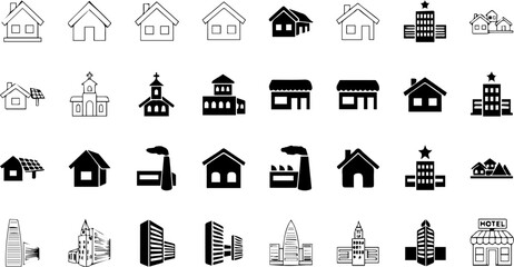 Architectural icons collection: An array of diverse architectural icons showcases various buildings. From houses to skyscrapers and everything in between.