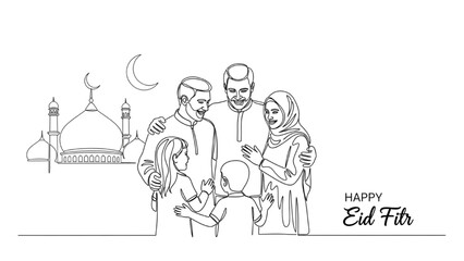 Continuous Line Drawing of Family Embracing with Mosque Dome and Crescent Moon – Eid al-Fitr Festival Line Art Illustration