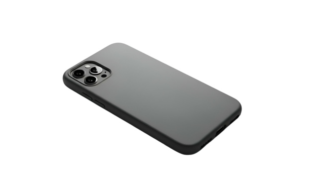 Sleek gray phone case on black background, camera prominent