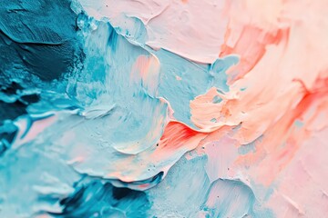 Naklejka premium Vibrant, textured abstract painting displays a dynamic interplay of soft pastel and cool aqua hues, creating a captivating and expressive visual narrative.