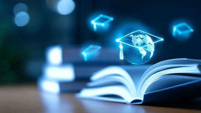 A luminous education dashboard projects global online learning icons glowing graduation caps and open books orbiting around the screen. Atmosphere of knowledge growth and border