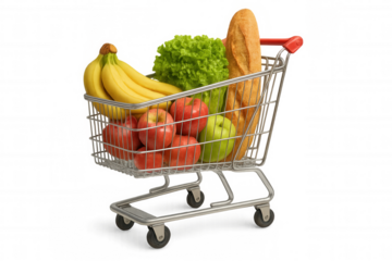 Shopping cart full of fresh grocery food, healthy fruit, vegetable, and bakery bread, isolated on transparent background