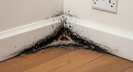 Black mold growth on wall corner above skirting board with damp damage, unhealthy indoor environment and moisture problem in home interior