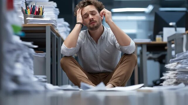 A stressed man sits on the office floor surrounded by papers, holding his head in frustration, symbolizing burnout and anxiety from work pressure