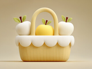 3D basket with apples and pears in soft yellow minimal style