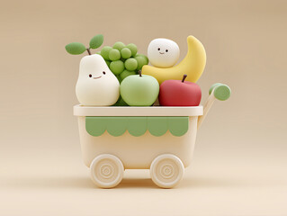 Cute fruit cart with smiling pear and banana in pastel 3D style