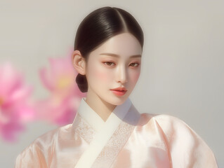Elegant woman in pink hanbok with blurred flowers in soft light