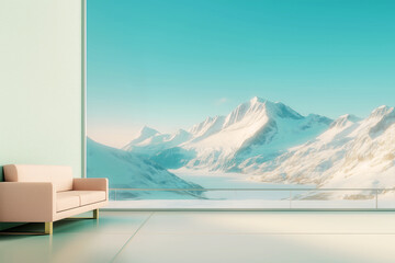 Winter background, Modern sofa in minimalist room with panoramic snowy mountain view