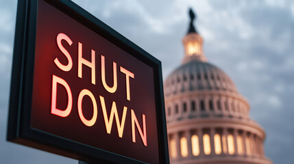 A striking image featuring a "SHUT DOWN" sign in front of a prominent government building, indicating a significant event or situation.