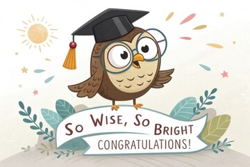 Cute cartoon owl with graduation cap congratulatory design for academic success card