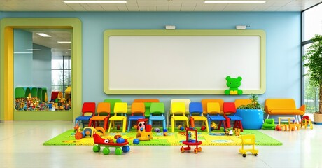 Frameless flat display off pediatric waiting hall with toys and colorful chairs