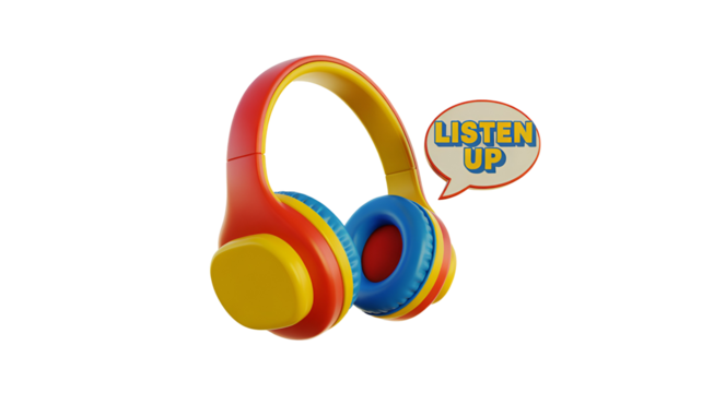 3d icon of childrens red and blue headphones with a speech bubble saying listen up, isolated on transparent background
