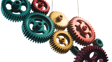 3d icon of assorted metal gears arranged in a diagonal line isolated on transparent background