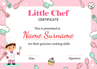 A4 vector certificate for Little Chef Award featuring pink border, kitchen utensil icons, cartoon child chef, and cupcake. Perfect for kids’ cooking events, culinary classes, and playful recognition.