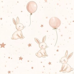 Obraz premium Soft seamless pattern with bunnies, balloons and stars. Powder pink and ivory tones, delicate hand-drawn style for baby decor, textile and fabrics or wrapping paper.