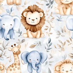 Cute seamless pattern with lions, elephants and giraffes. Cartoon style in baby blue and taupe tones, perfect for baby textiles, wallpapers and nursery decor. © Evgeniia