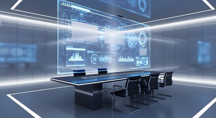 Futuristic meeting room with a large holographic data display showing charts and graphs, featuring a modern conference table and chairs in a sleek, high-tech environment.