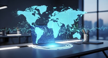 A laptop displaying a digital world map, symbolizing global connectivity and technology.