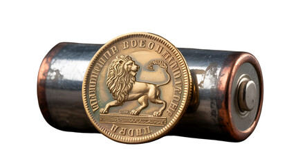 3d icon of antique coin with lion emblem resting on a battery, isolated on transparent background