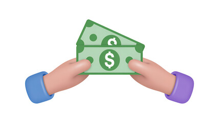 3d icon of hands holding a stack of stylized dollar bills, isolated on transparent background