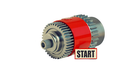 3d icon of mechanical gear with a red band and a start label isolated on transparent background