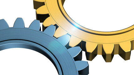 3d icon of two interlocking gears, one blue and one yellow, isolated on a transparent background