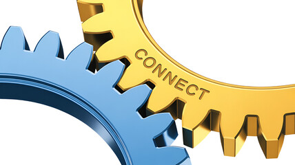 3d icon of two interlocking gears, one blue and one gold, with the word connect on the gold gear, isolated on transparent background