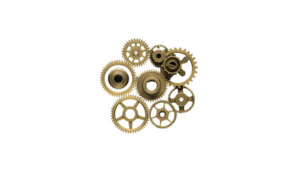 3d icon of collection of various brass gears and cogs, isolated on transparent background