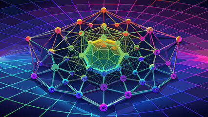 A colorful, abstract image of a web of lines and dots. The image is a representation of a complex network of connections, possibly related to the internet or a scientific concept