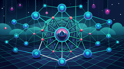 A colorful, abstract image of a web of connections with a large blue sphere in the center. The sphere is surrounded by a network of smaller spheres, each with a different color