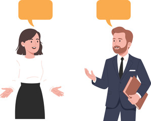 Business communication illustration, flat vector design, professional conversation, office discussion, corporate teamwork, workplace dialogue, cartoon characters, meeting concept, educational 