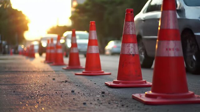 Traffic Cones Lined Up on City Street at Sunset with Cars