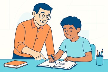 Teacher helping young student with math homework at desk in bright classroom setting, both smiling and engaged in learning activity together. Ai generative