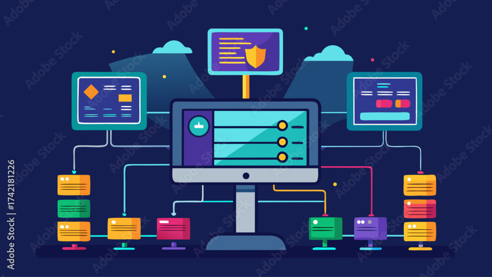 Wall mural a computer monitor with a blue background and a green screen. the monitor is connected to a number o