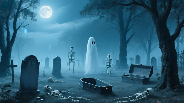 Eerie graveyard scene featuring ghostly figure, skeletons, and tombstones under a full moon, creating a haunting atmosphere for Halloween-themed visuals and storytelling