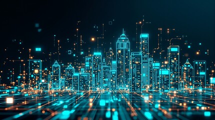 Obraz premium Futuristic city skyline digital illustration glowing neon light cyber network connection concept art
