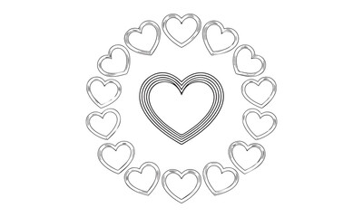 Black and White Heart Shape Wreath Outline, Valentine's Day or Wedding Circle Frame Vector Illustration.