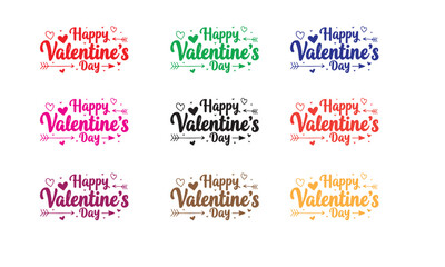 Happy Valentine's Day Lettering Vector Collection, Colorful Calligraphy Style Text with Hearts and Glitter

