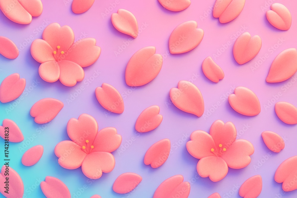 Wall mural pink cherry blossom flowers and petals scattered on a soft pastel gradient background in a smooth mi