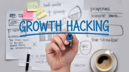 Growth hacking strategy session with hand drawing ideas on whiteboard for innovative business marketing and startup brainstorming in modern office space