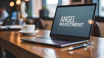 Fototapeta premium Angel investment concept showing laptop on wooden table near pen and coffee, perfect for financial planning, startup funding, or business growth resources