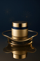 Elegant gold cosmetic jar with navy lid on reflective surface, showcasing luxury skincare product
